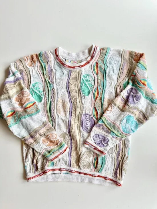 Vintage 90's COOGI White Pastel Easter Egg Cotton Knit Sweater, Size S - Picture 3 of 11